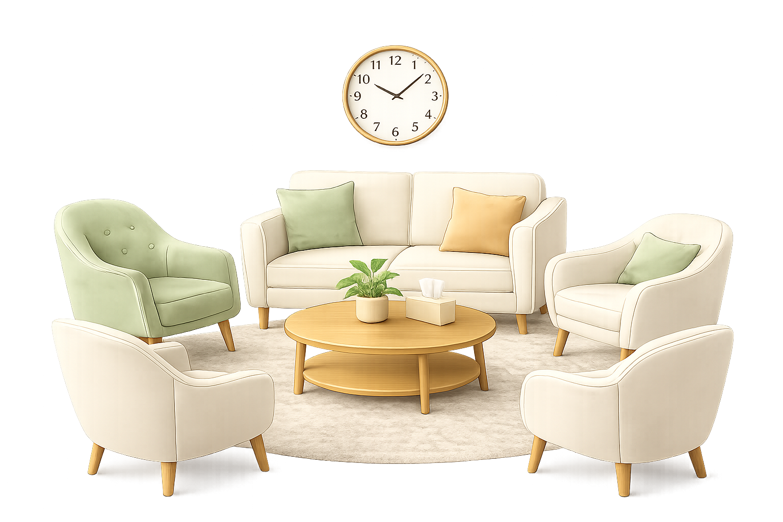 A cozy waiting room with a cream-colored sofa, paired with two matching armchairs, and a light green armchair around a round wooden coffee table. The room has a wall clock above the sofa, a small plant, and a tissue box on the table, all on a light-colored rug.