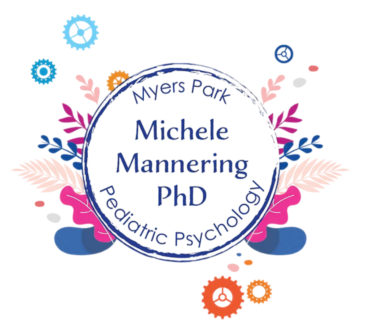 A colorful digital graphic featuring a circular badge with the text 'Support Michelle Mannerin PhD' surrounded by decorative gears and leaves.