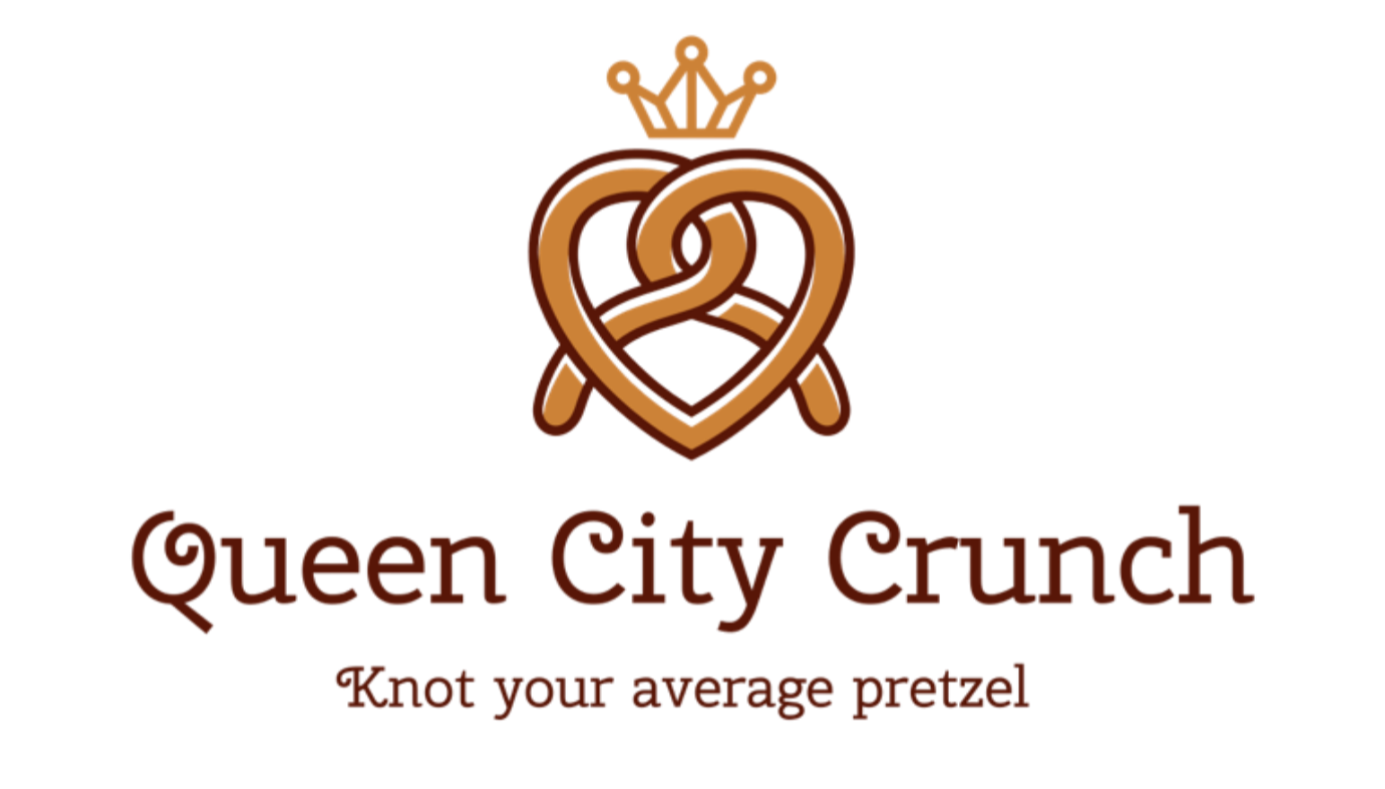 Logo for Queen City Crunch, featuring a pretzel shaped like a heart with a crown on top, and the tagline "Know your average pretzel."