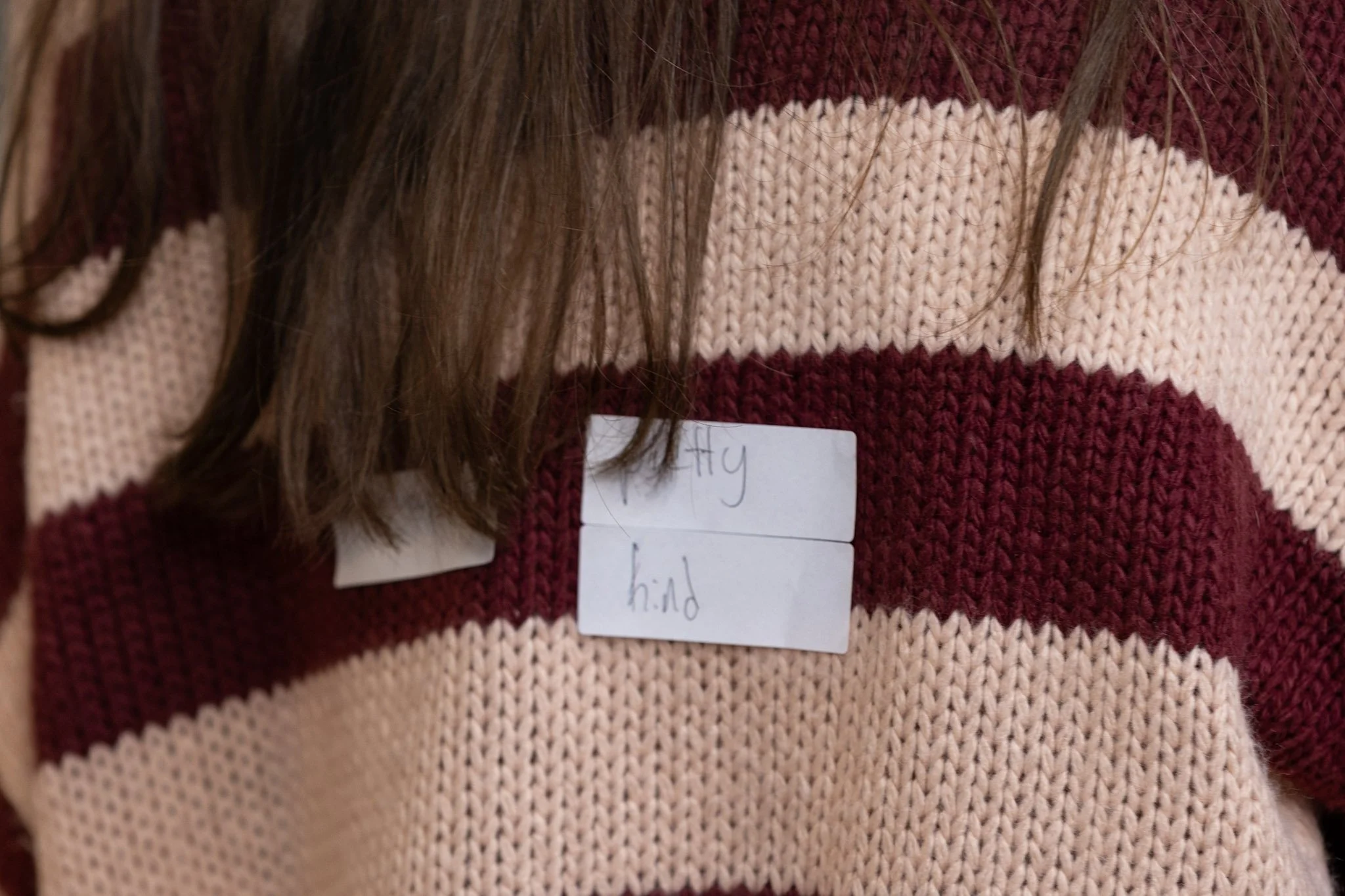 Close-up of a person wearing a knitted sweater with horizontal red and beige stripes, with a handwritten note attached to the sweater.