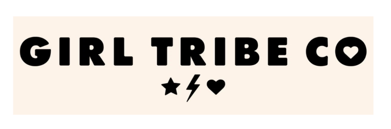 Logo with the text 'Girl Tribe Co' in black bold letters, including a star, lightning bolt, and heart symbols.