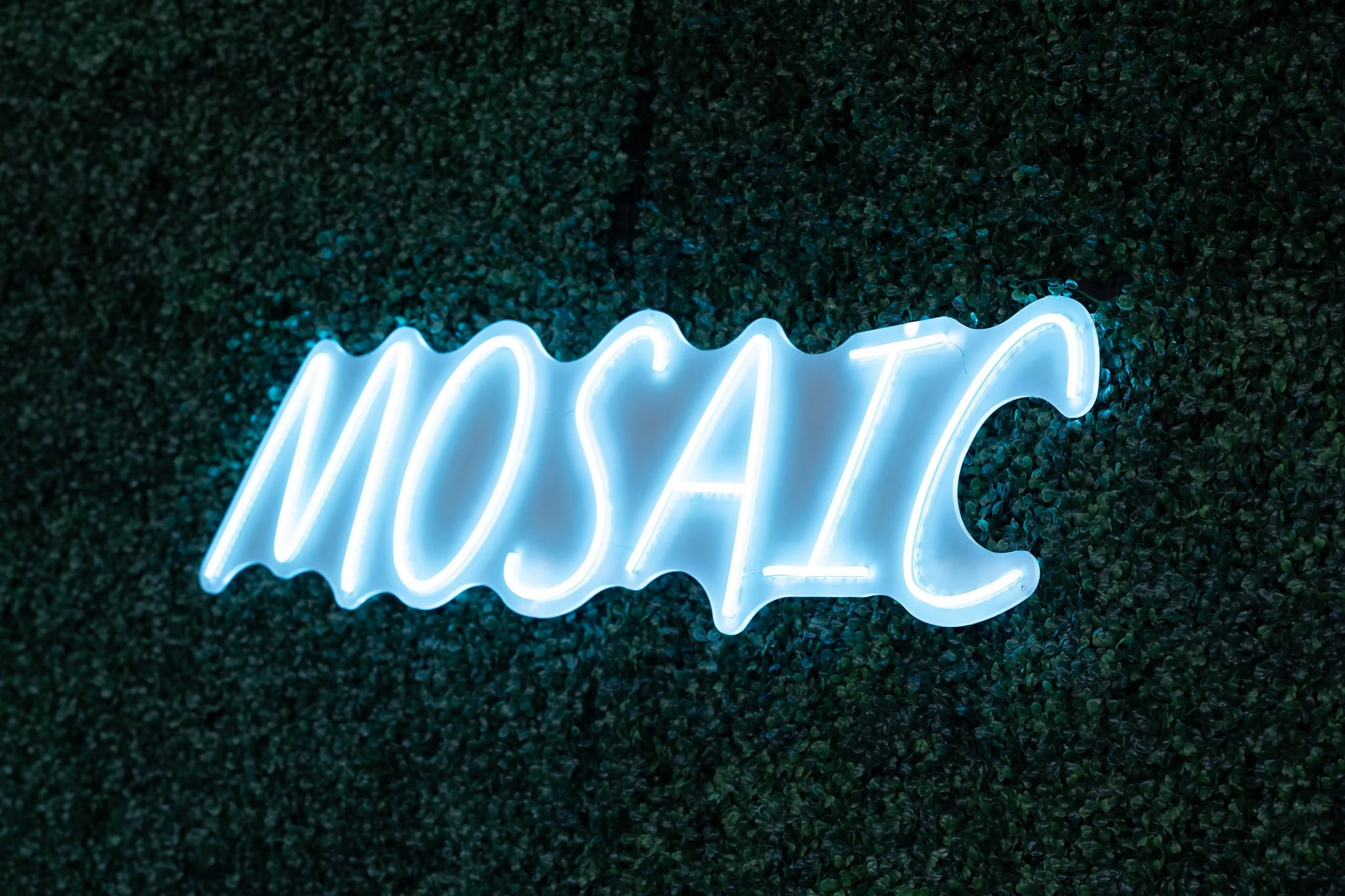 Bright blue neon sign with cursive writing on a dark green textured wall.