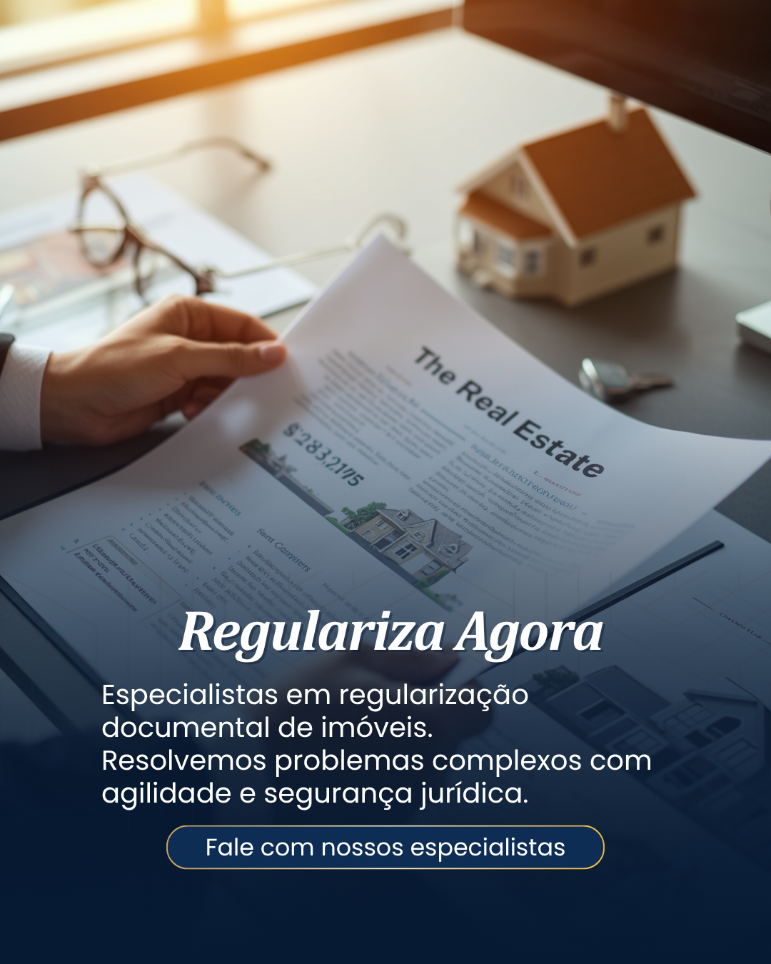 Texto publicitário sobre regularização documental de imóveis, com uma imagem de uma pessoa segurando um documento, uma maquete de casa e uma mesa de trabalho ao fundo.
