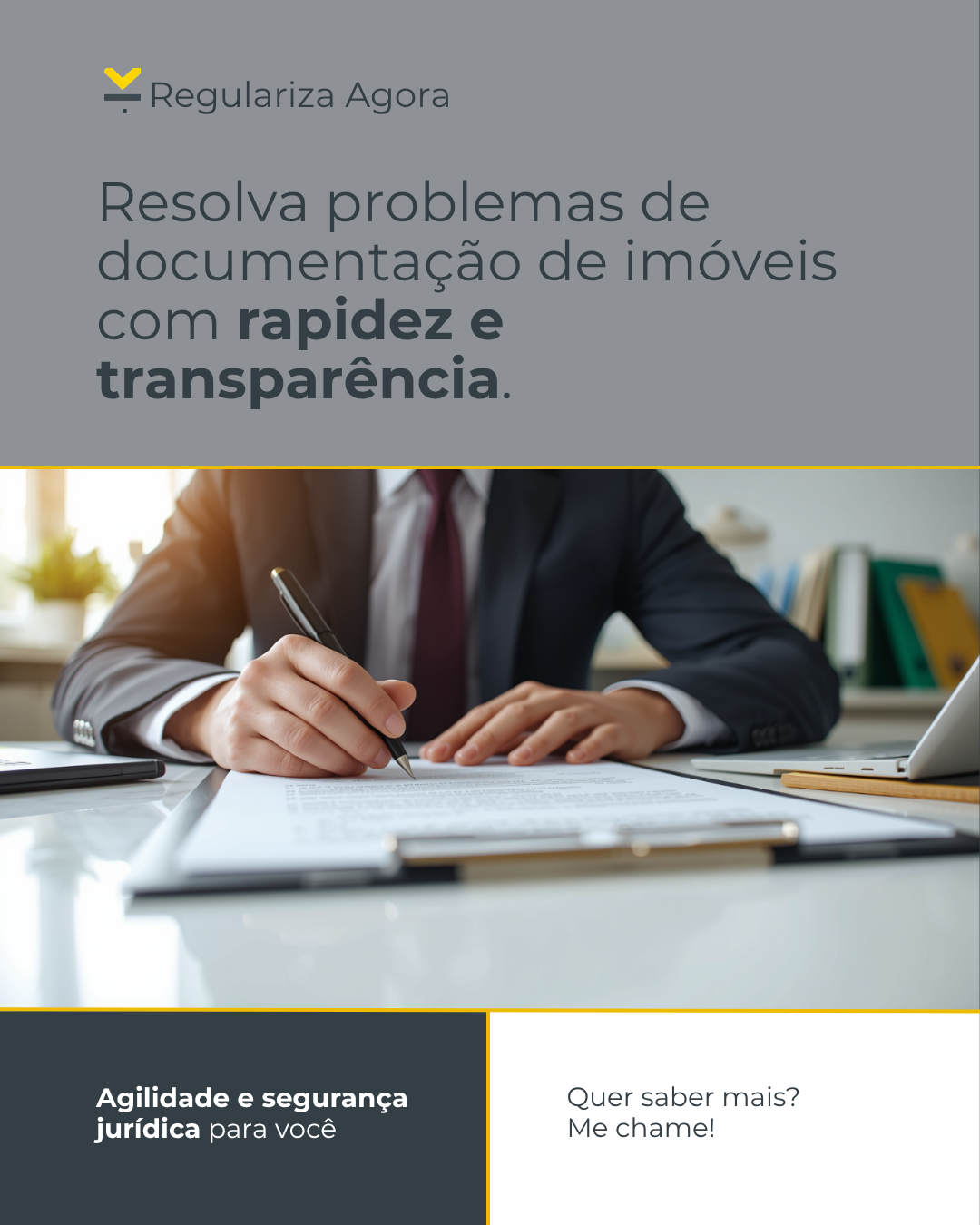 Imagem de um homem de terno assinando documentos em uma mesa de escritório, com texto promovendo agilidade e transparência na resolução de problemas de documentação imobiliária.