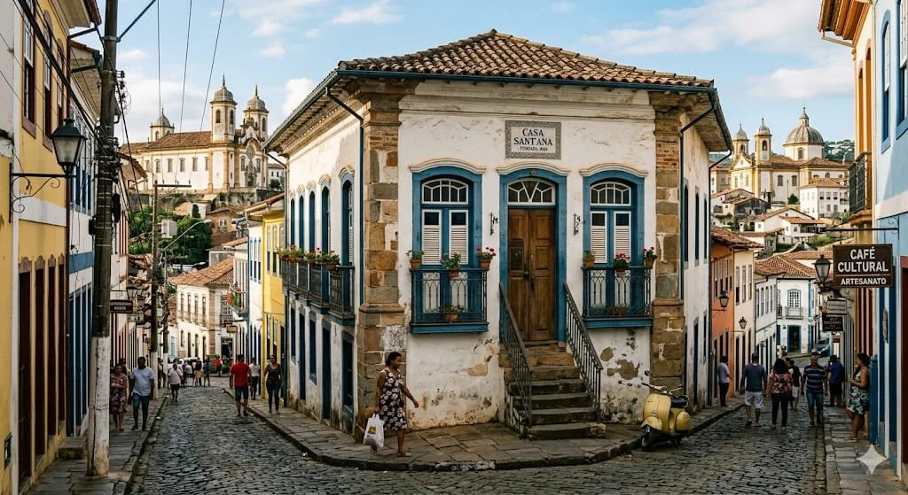 Rua de paralelepípedos em uma cidade colonial antiga com casas coloridas, incluindo uma de fachada branca com detalhes azuis e uma placa que diz "Casa Santana", e uma igreja ao fundo em uma colina.