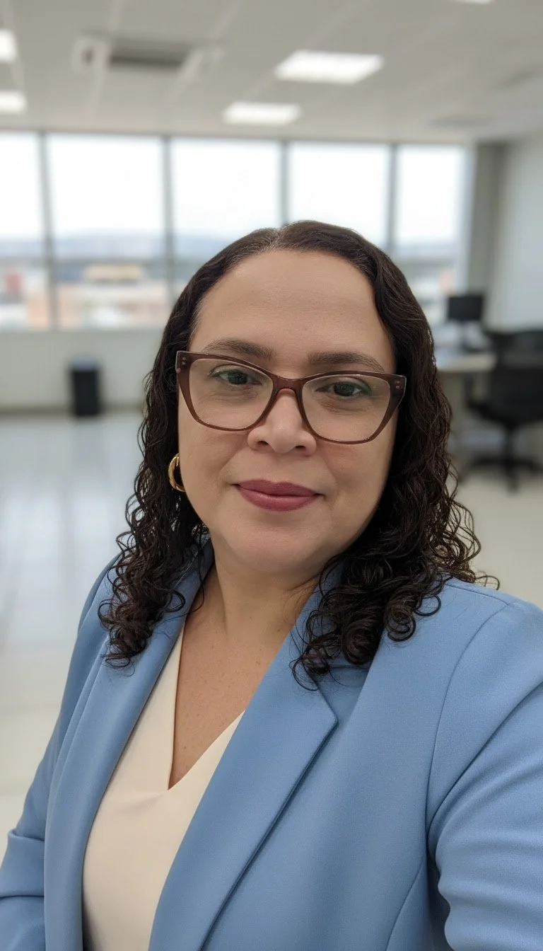 Mulher com cabelos cacheados, usando óculos e roupa azul, tirando selfie em escritório bem iluminado com janelas ao fundo.