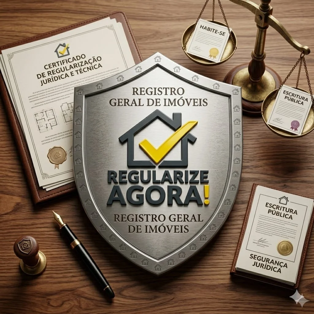 Imagem com um escudo central que diz 'Registre Geral de Imóveis, Regularize Agora!', ao redor há várias certidões, escrituras e um selo de garantia jurídica, símbolo de registro de imóveis.