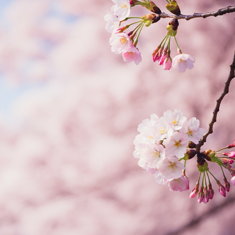 Close-up of cherry blossoms on a branch with a blurred pink background.