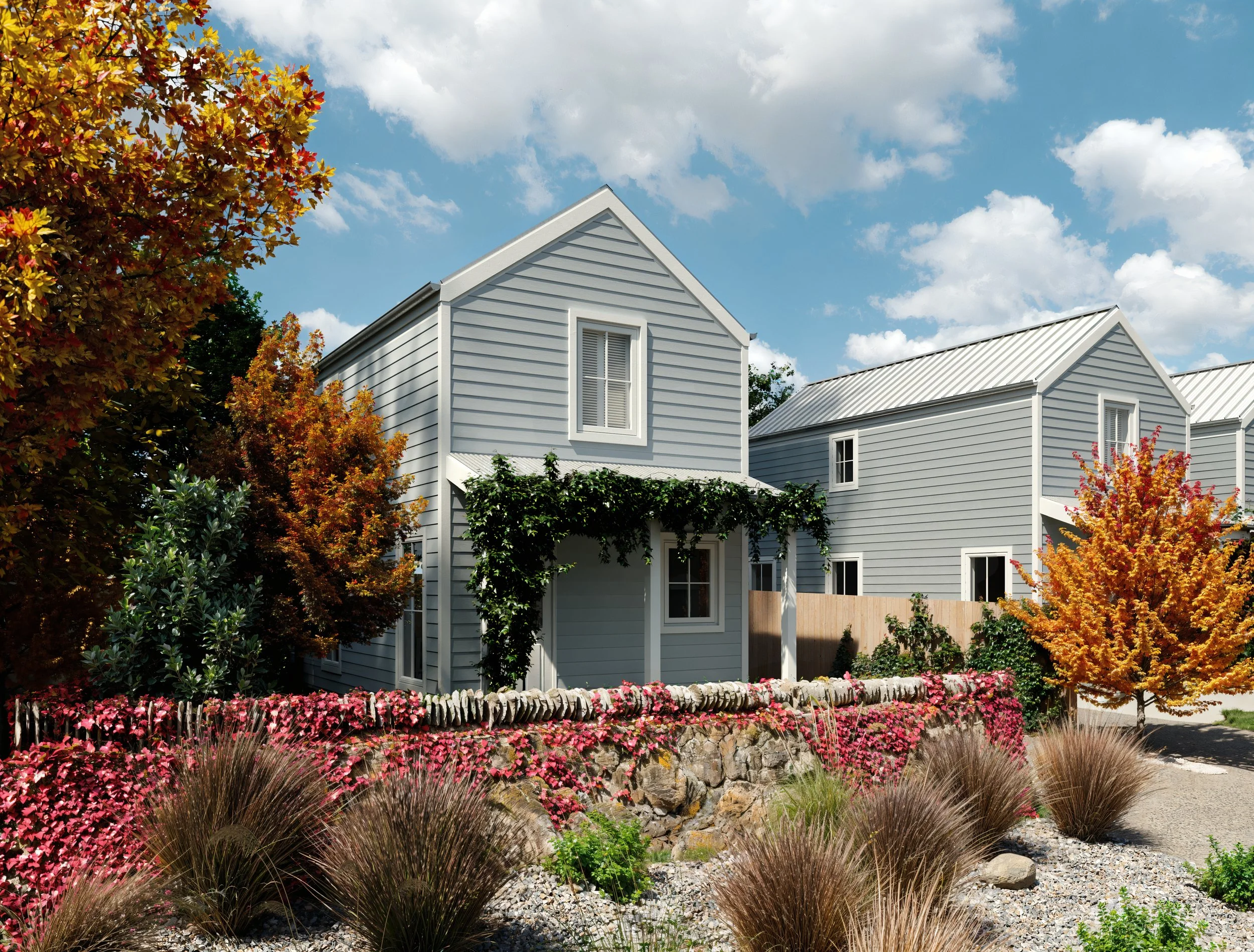 Architectural render of Clyde Cottages on Holloway Street, featuring heritage-style grey cladding, pitched roofs, schist stone boundary walls and landscaped gardens with autumn trees.