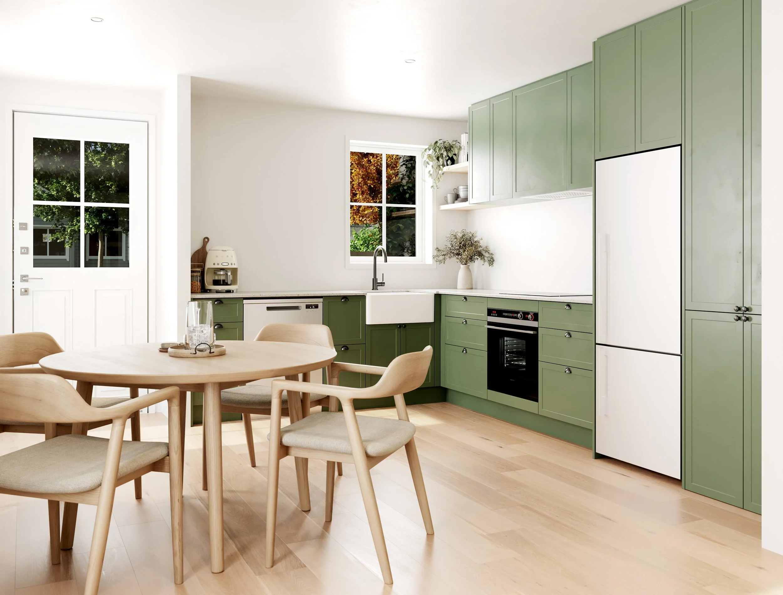 Render of a Clyde Cottages kitchen and dining area, featuring sage green cabinetry, a farmhouse sink, round timber table and timber flooring.