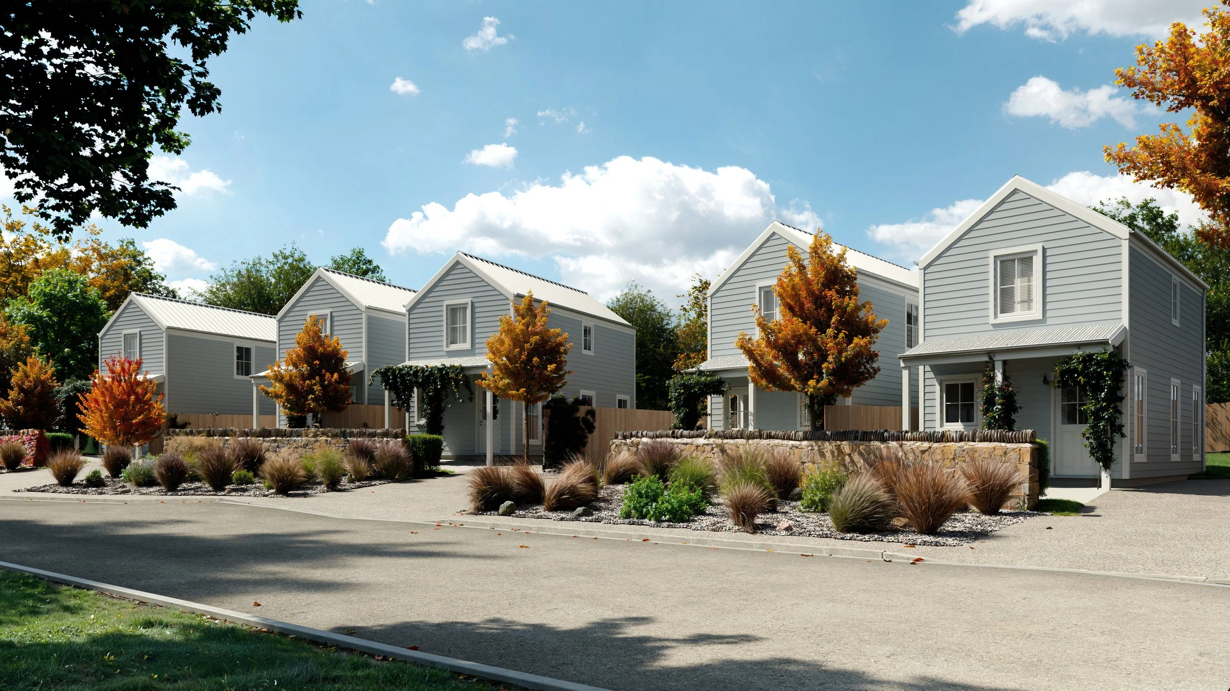Street-level render of Clyde Cottages on Holloway Street, showing the row of grey-clad cottages with front gardens, schist stone boundary walls and autumn trees.