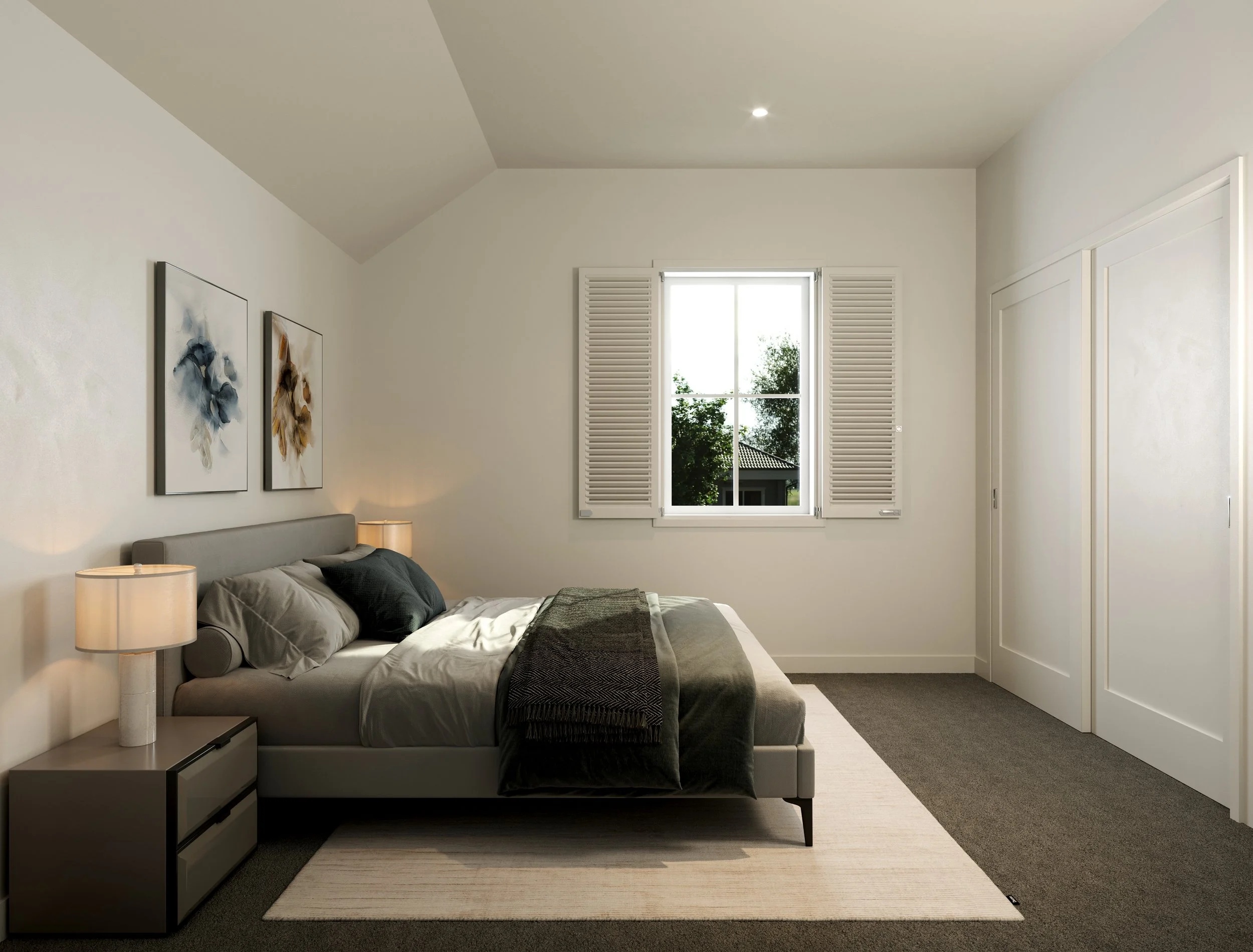 Light-filled bedroom with built-in storage, neutral finishes and a spacious layout designed for everyday comfort.