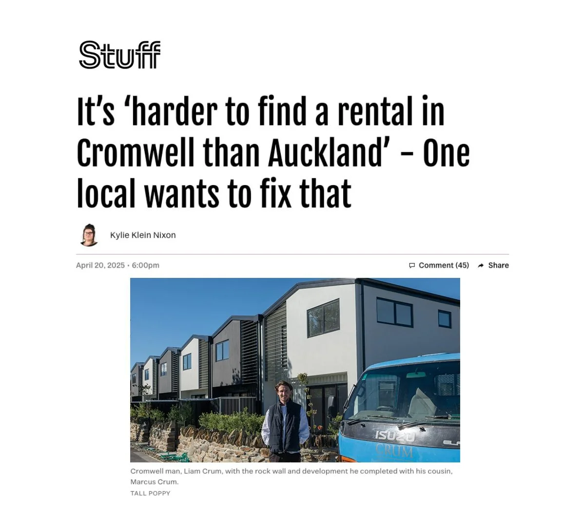 Screenshot of a Stuff.co.nz article featuring Crum Developments, headlined 'It's harder to find a rental in Cromwell than Auckland'.