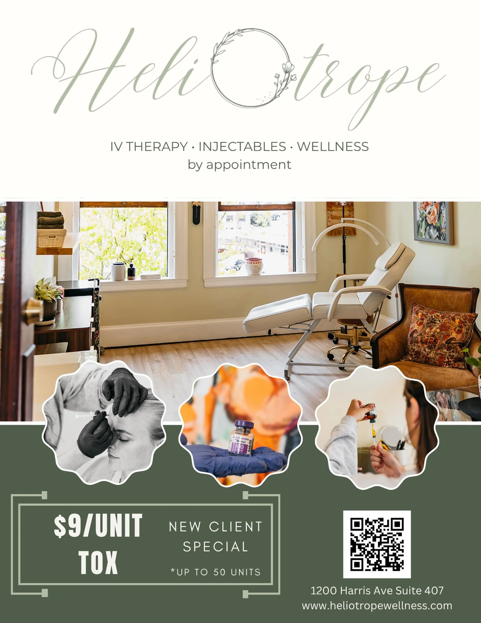 Limited time only $9 unit tox for new clients!! Book an appointment now at www.heliotropewellness.com!