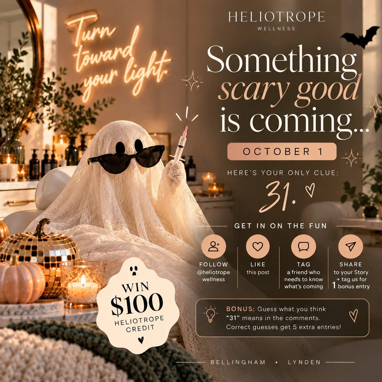 Something SCARY GOOD is coming to Heliotrope. 👻💉

And we're giving one of you $100 in Heliotrope credit while you wait.

Your only clue:

31. 👀

Think you know what's coming?

HOW TO ENTER:

👻 Follow @heliotropewellness
🖤 Like this post
🎃 Tag a