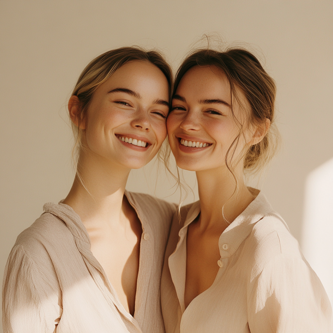 Two young women smiling happily, standing close together with their heads touching, in a soft beige-colored room.