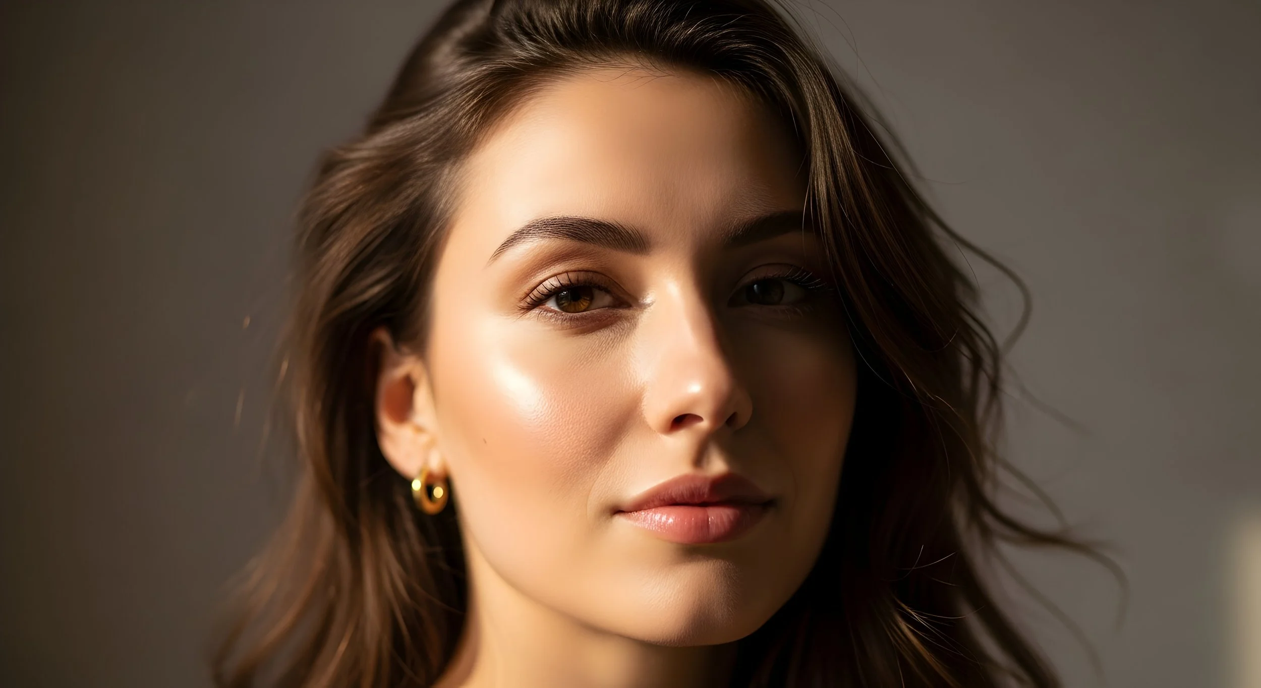 Close-up of a woman's face with wavy brown hair, light makeup, and gold hoop earrings, against a neutral background.