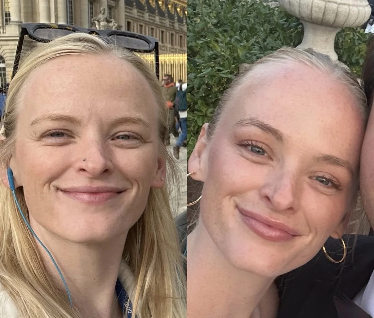 Side-by-side photos of a smiling woman with blonde hair and blue eyes, smiling with closed lips, taken outdoors in different locations.