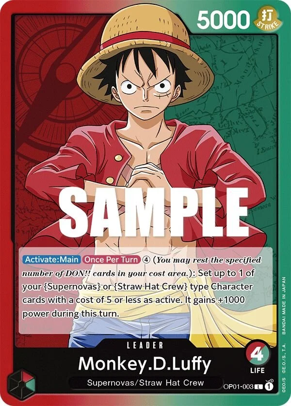One Piece: Monkey.D.Luffy, Romance Dawn OP01-003. Representative card example.
