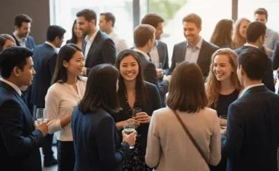 Group of young professionals mingling and chatting at a social event or networking gathering indoors.