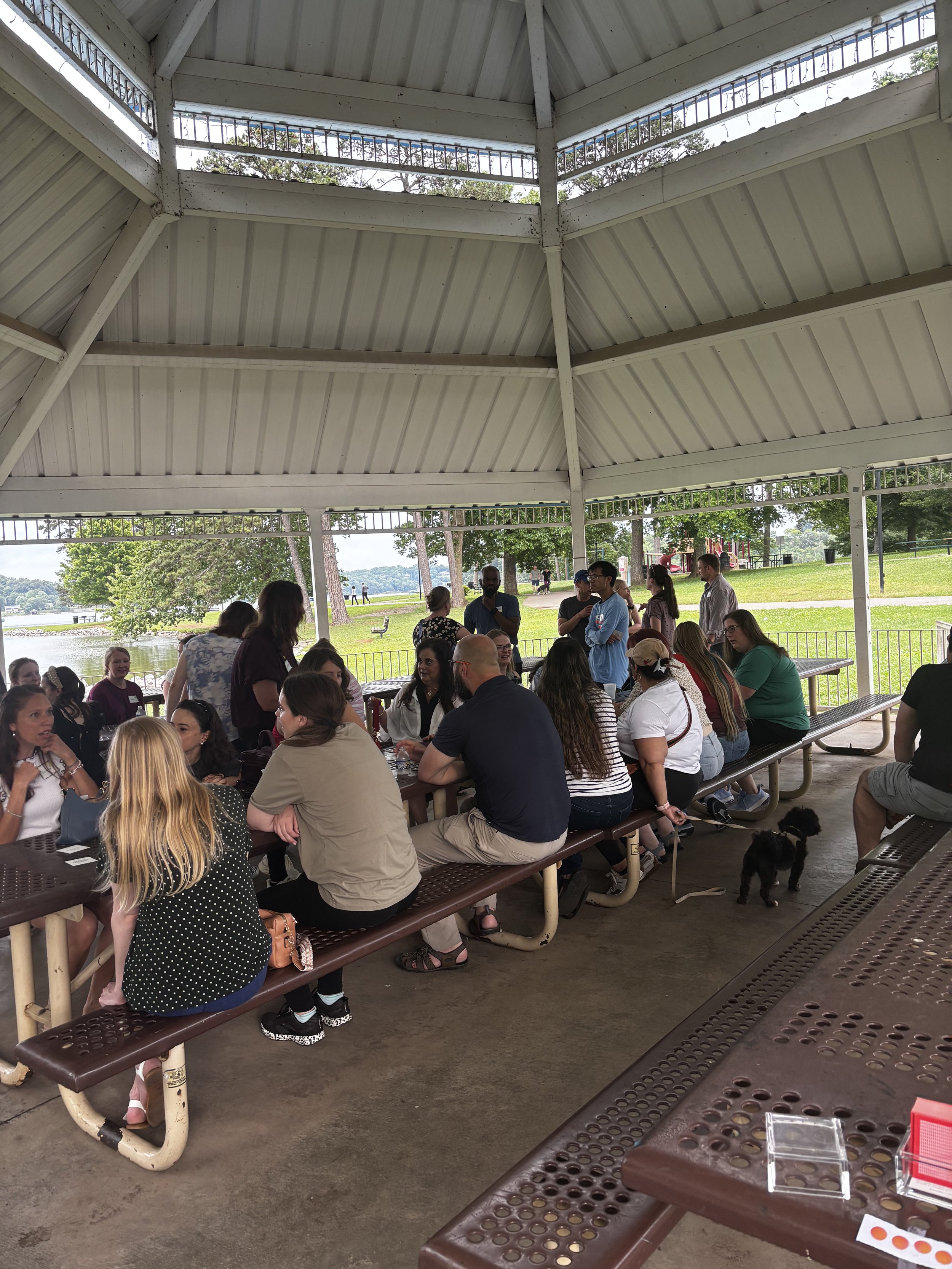 Under a pavilion at a park, a diverse group of people is sitting at picnic tables, socializing. In the background, there is a grassy area with trees, a lake, and a playground. The scene is outdoors with a bright and sunny atmosphere.