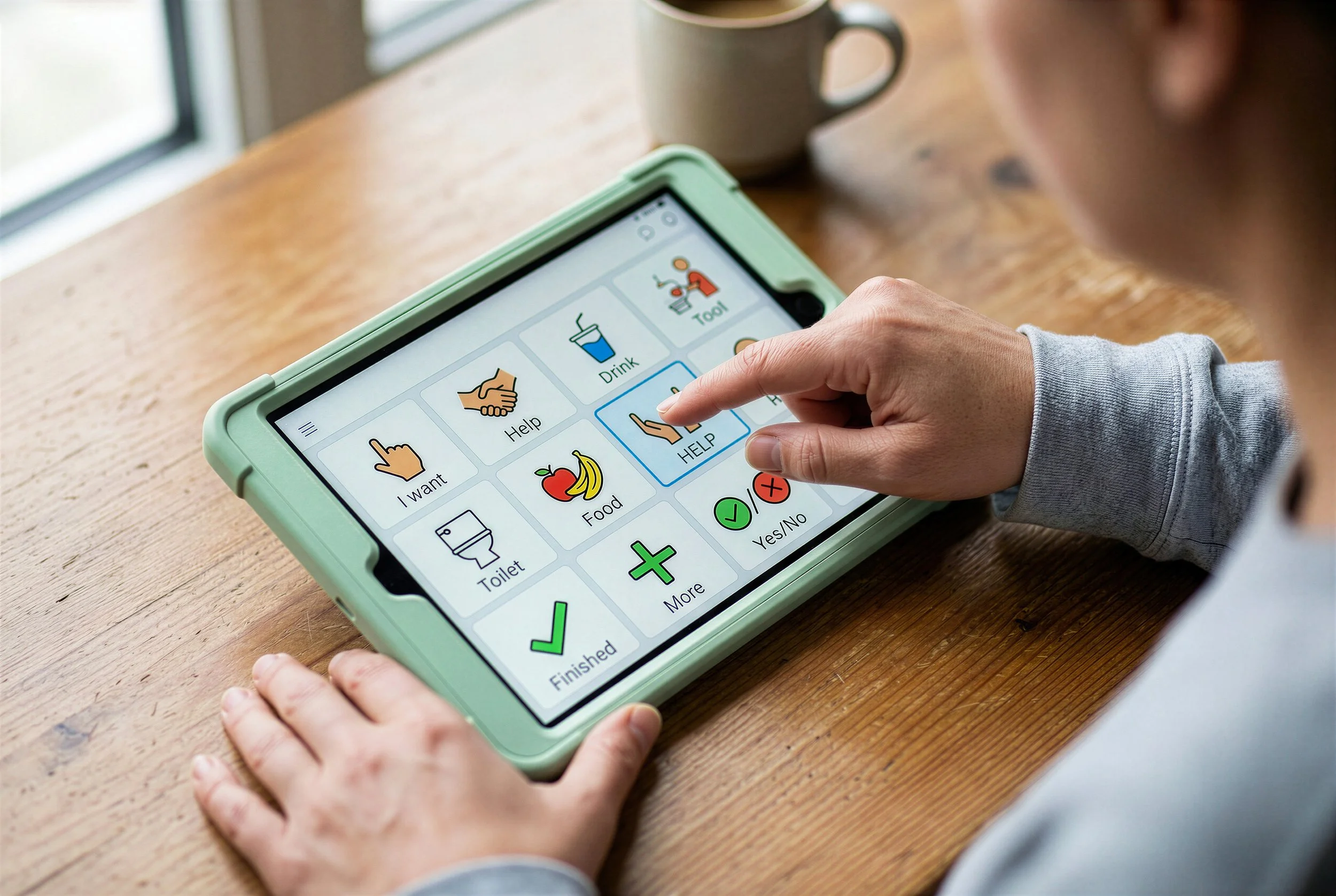 A child using a tablet with an AAC app, touching the screen to select options such as help, drink, tool, and food during speech therapy for AAC in Fenton, MI.