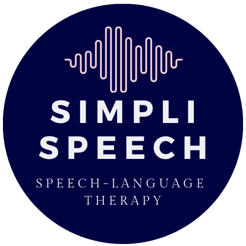 Logo for Simpli Speech, a speech-language therapy company in Fenton, MI, featuring a sound wave icon and text on a dark blue background.