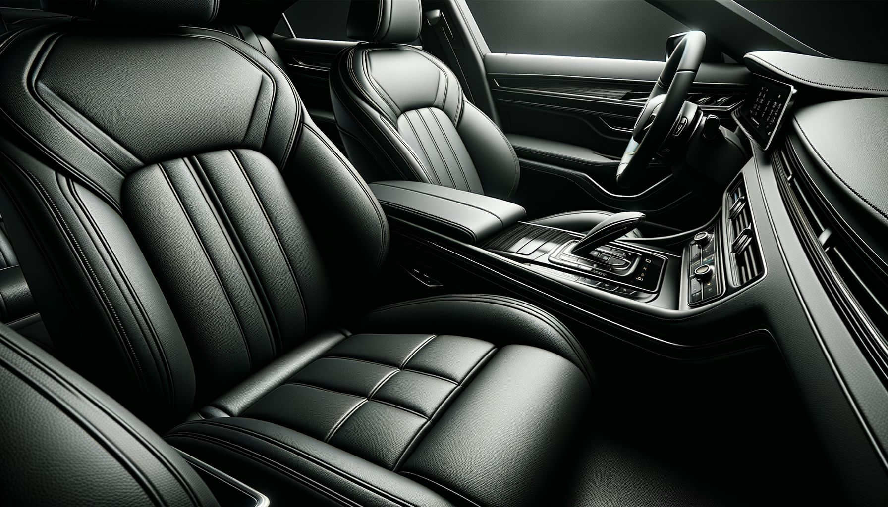 The interior of a modern luxury car featuring black leather seats with detailed stitching, a dashboard with a digital display, and a gear shift in the center console.