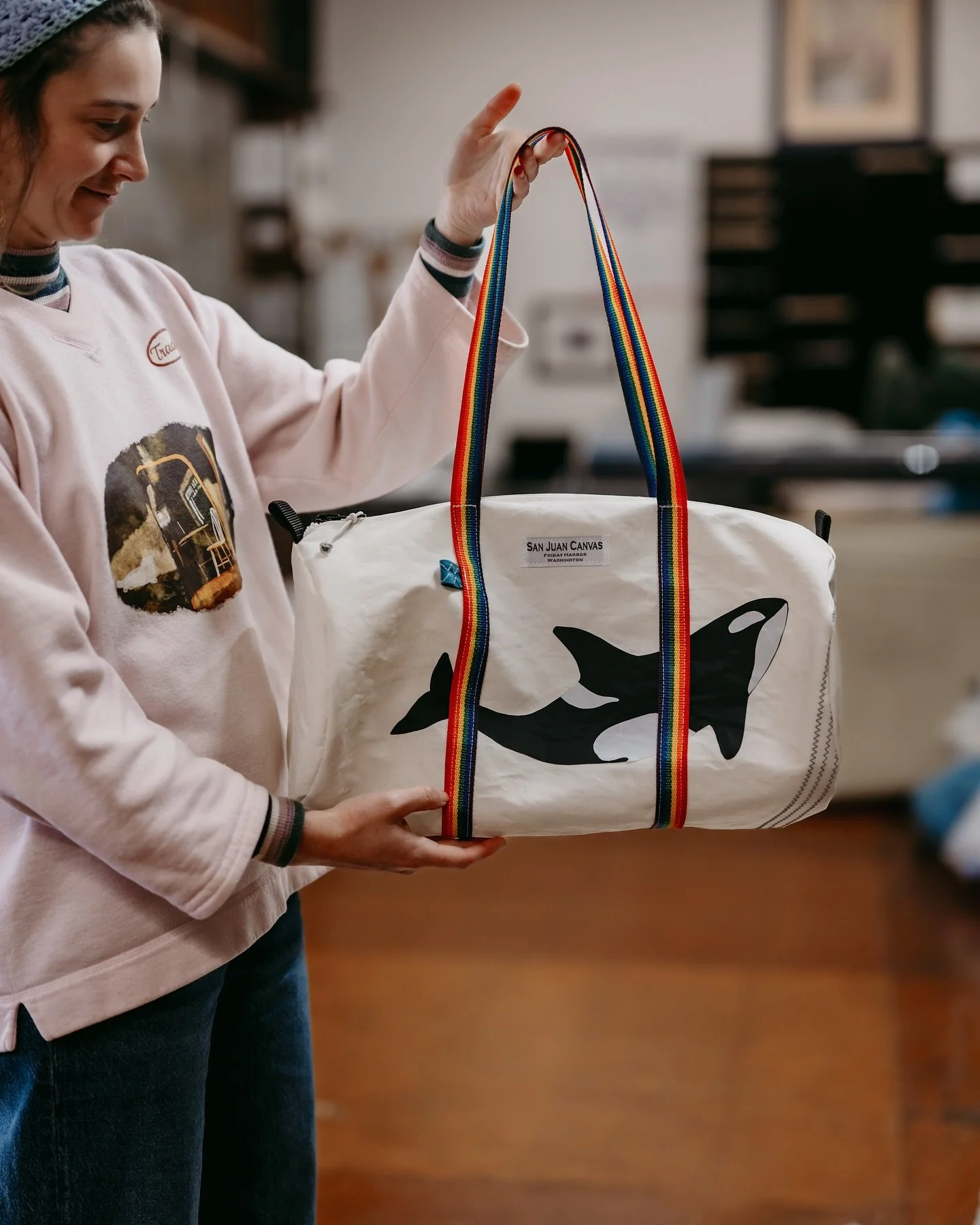 Hands down one of my most favorite bags of all time. It really doesn&rsquo;t get much better than orcas and rainbows. You can find this bag and many more in our shop where we&rsquo;re busy getting ready for the holiday season!