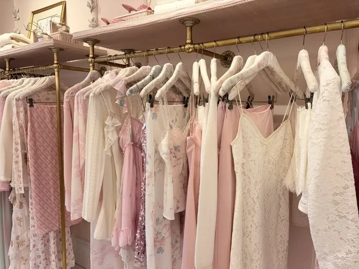 Pink and white dresses hanging on a gold clothing rack in a boutique.