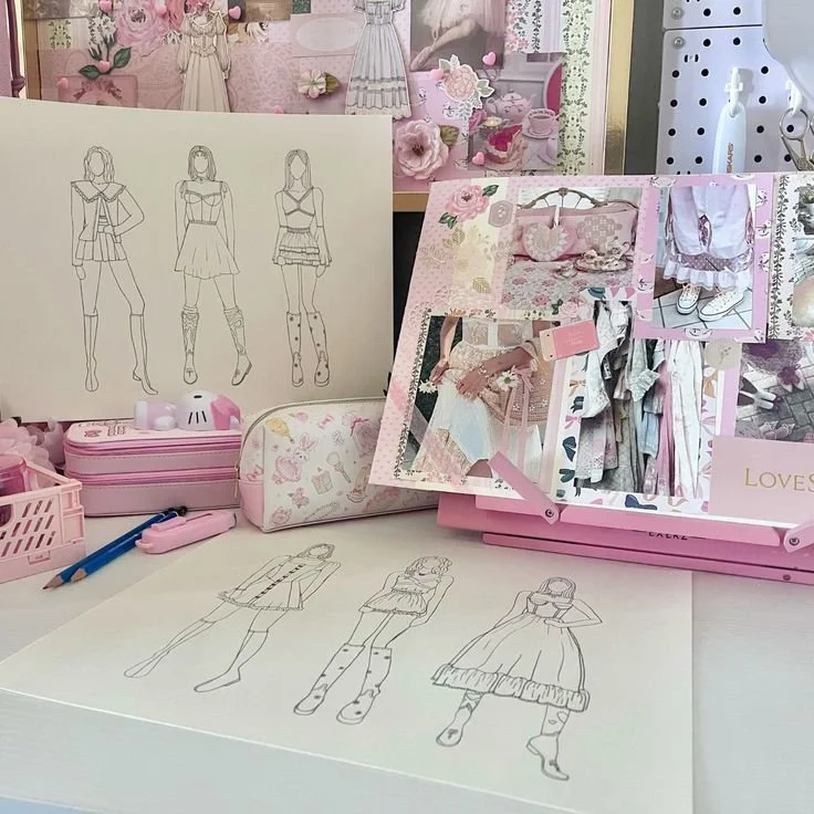 A pink-themed fashion design workspace with sketches of girl outfits, fabric samples, photos of doll clothing, and stationery items.