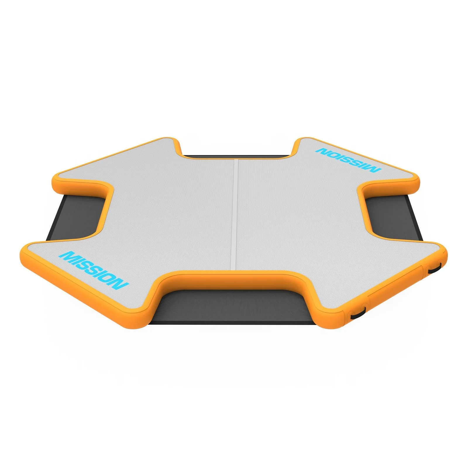 A star-shaped balance trainer with a white cushioned surface, orange border, and blue "MISSION" logo, placed on a black mat.