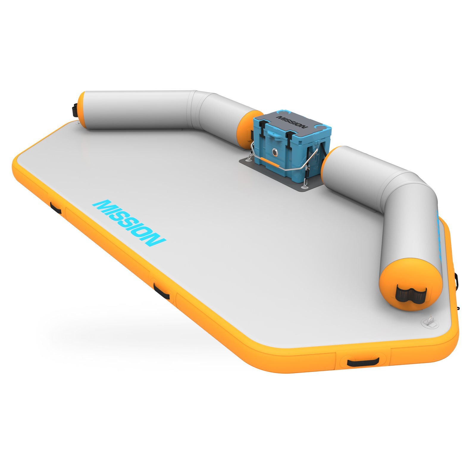 An orange and gray inflatable rescue sled with a blue storage box labeled 'MISSION' on top, designed for water rescue operations.