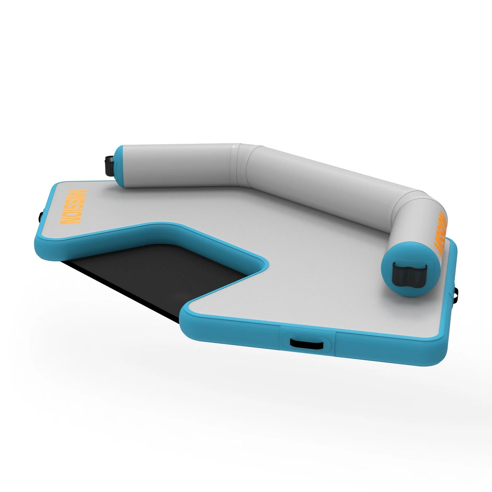 Inflatable blue and gray yoga or exercise mat with a roller attached
