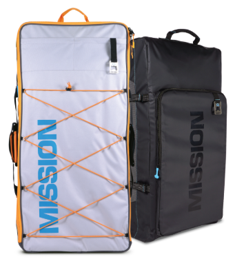 Open carrying case with an orange bungee cord and the word 'MISSION' on the inside, next to a closed black carrying case with the same branding.