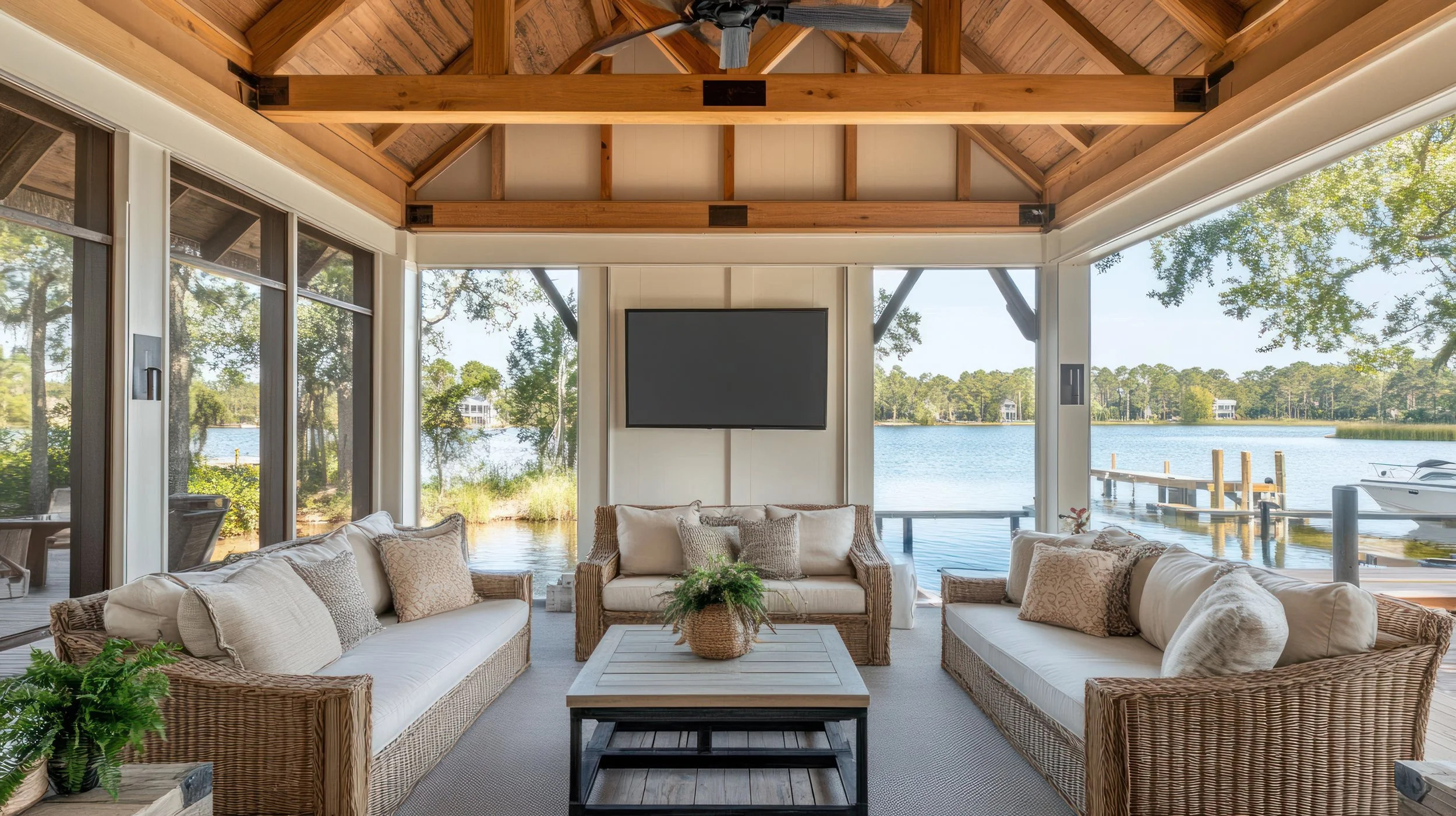 a screened in porch and TV mounted on wall