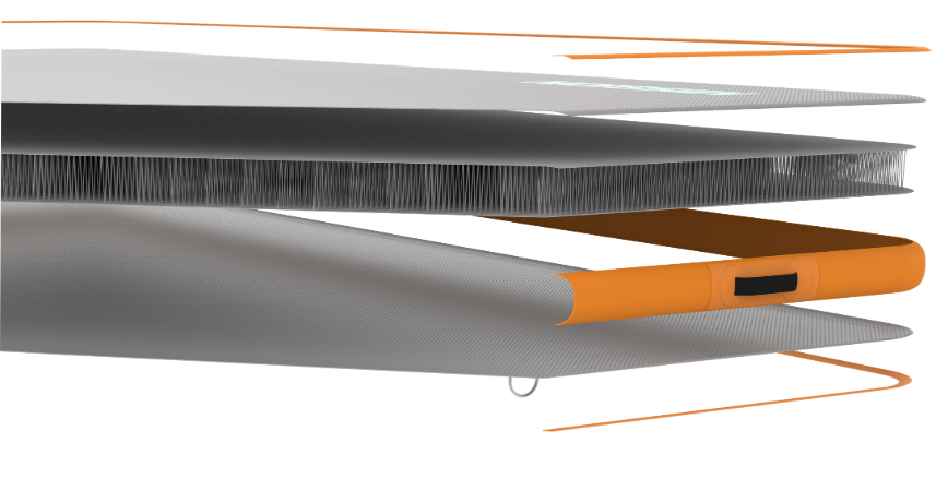 Close-up of an orange and gray pen lying on a reflective surface.