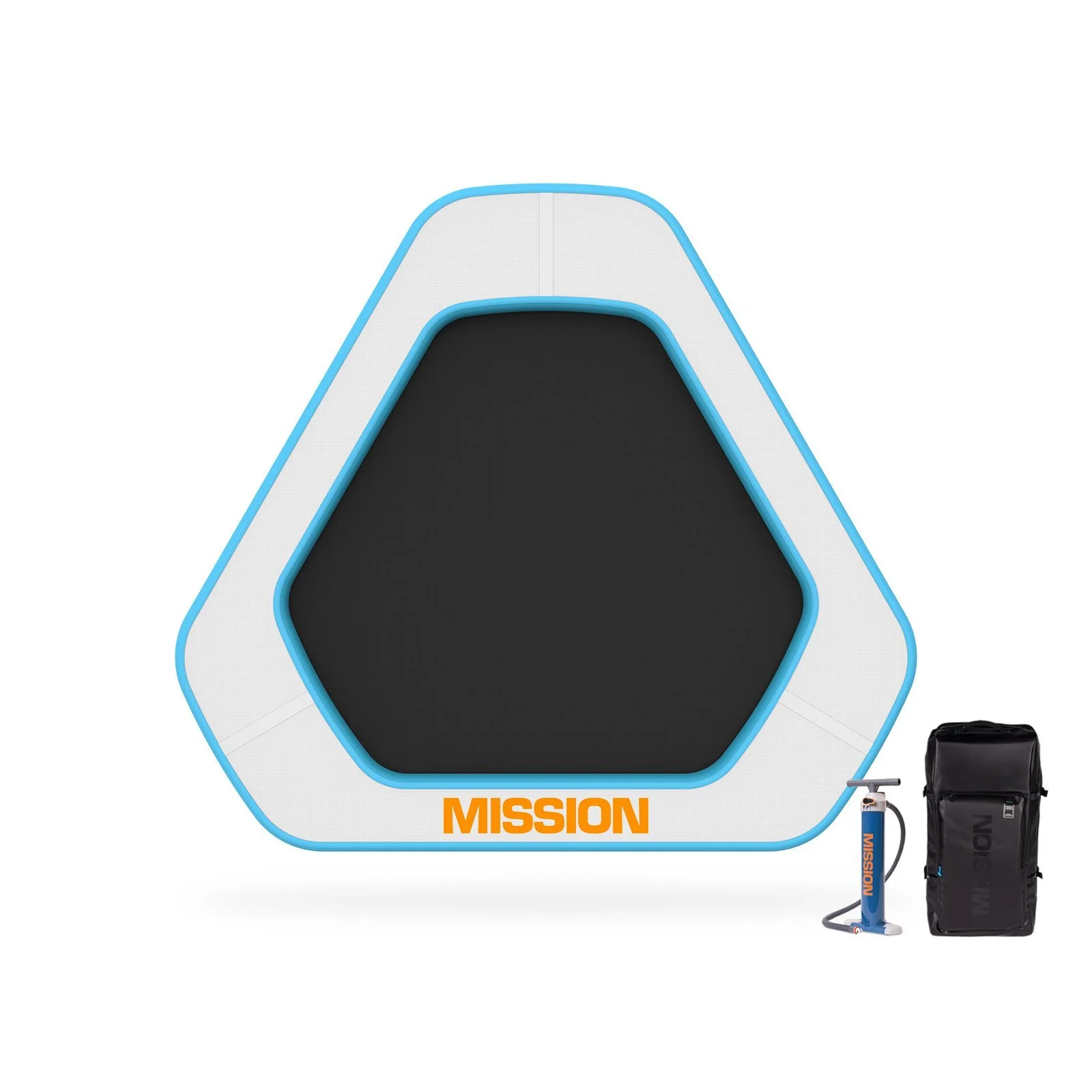 A product display of a Mission brand portable outdoor inflatable hot tub with accessories including a manual pump, a black carrying bag, and a cleaning kit, set against a white background.