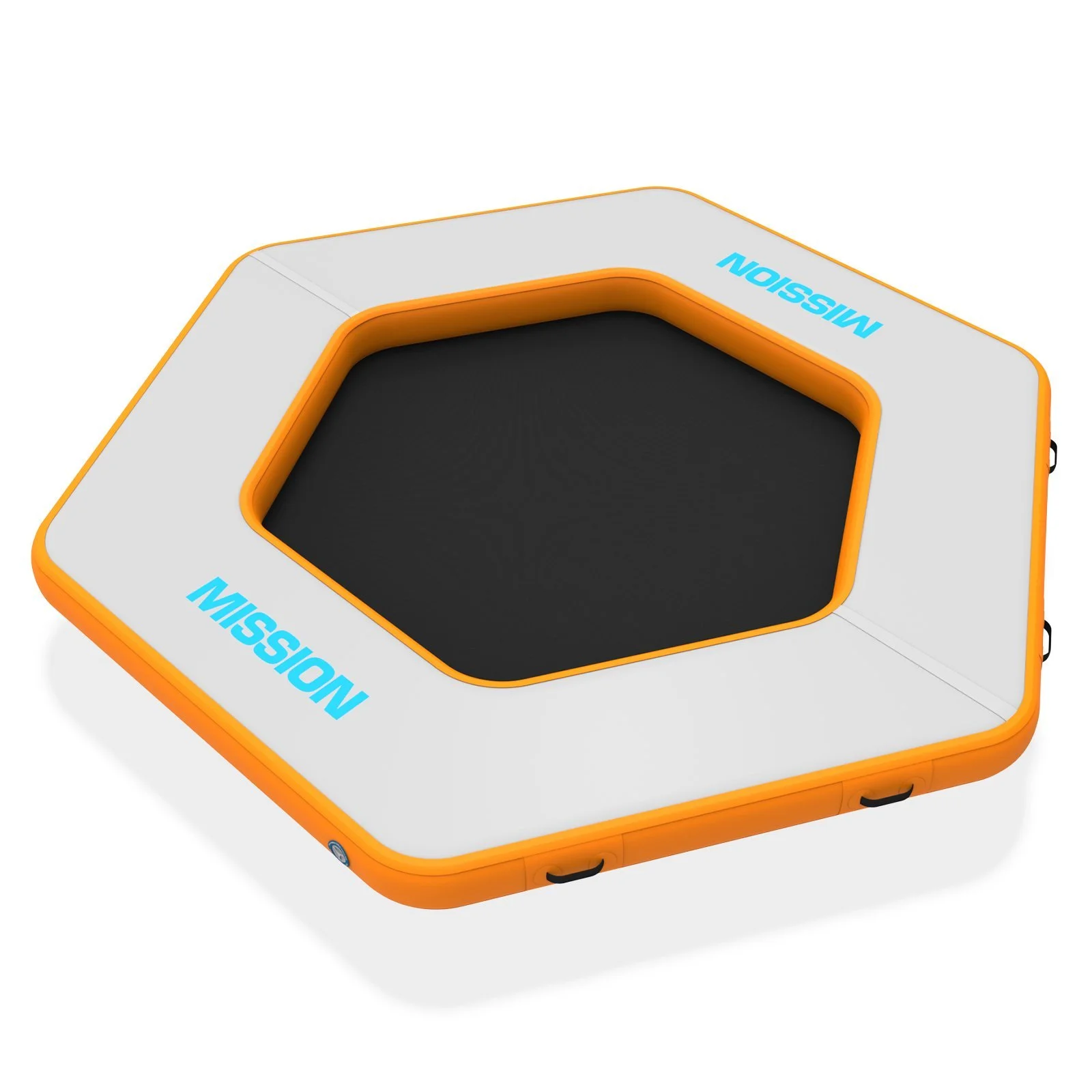 A trampoline with a black jumping surface, surrounded by a white safety padding that has orange edges, and the word "MISSION" printed in blue on the padding.