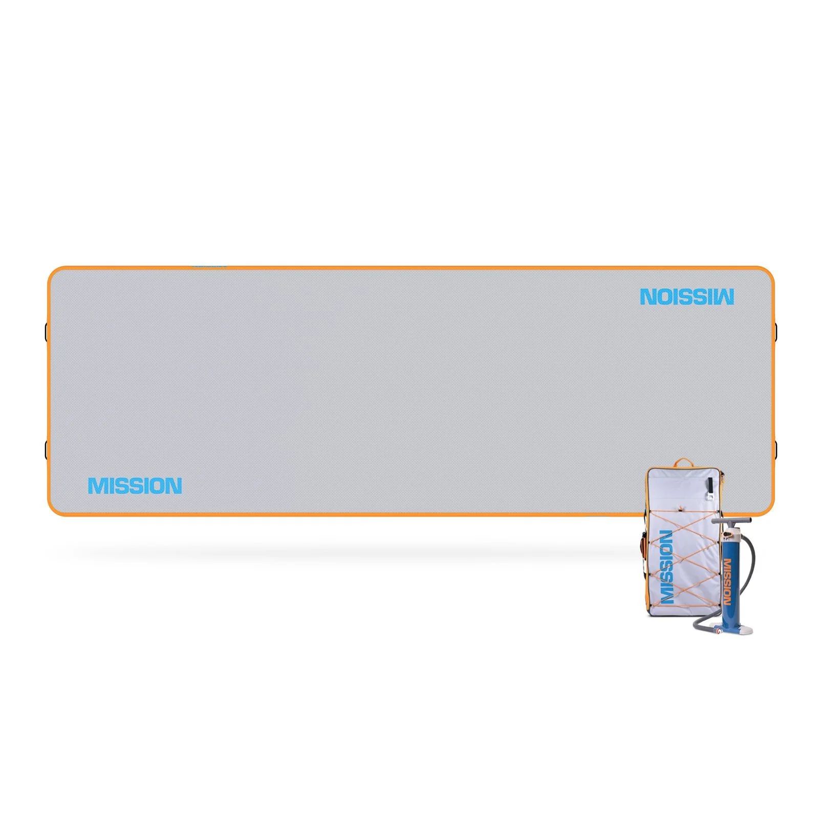 Large gray rectangular padded mat with orange edges and blue text saying 'MISSION' and 'MISSION' on the right side. In front of the mat, there is a folded gray and orange portability bag with a handle, a blue and orange portable pump, and an orange cord that appears to be part of the pump system.