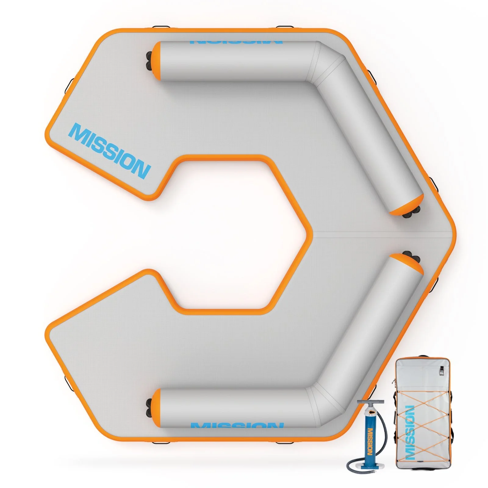 Inflatable obstacle course with orange borders, white sections labeled 'MISSION', featuring cylindrical tunnels, a pump, and a storage bag for the equipment.