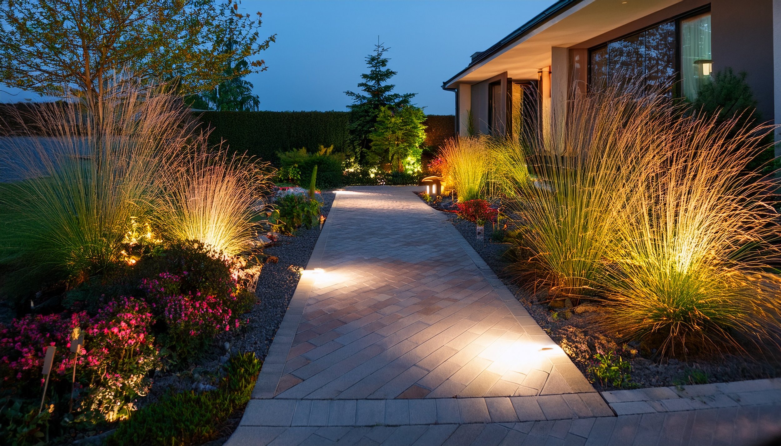 a clean pressure washed path way with landscape lighting