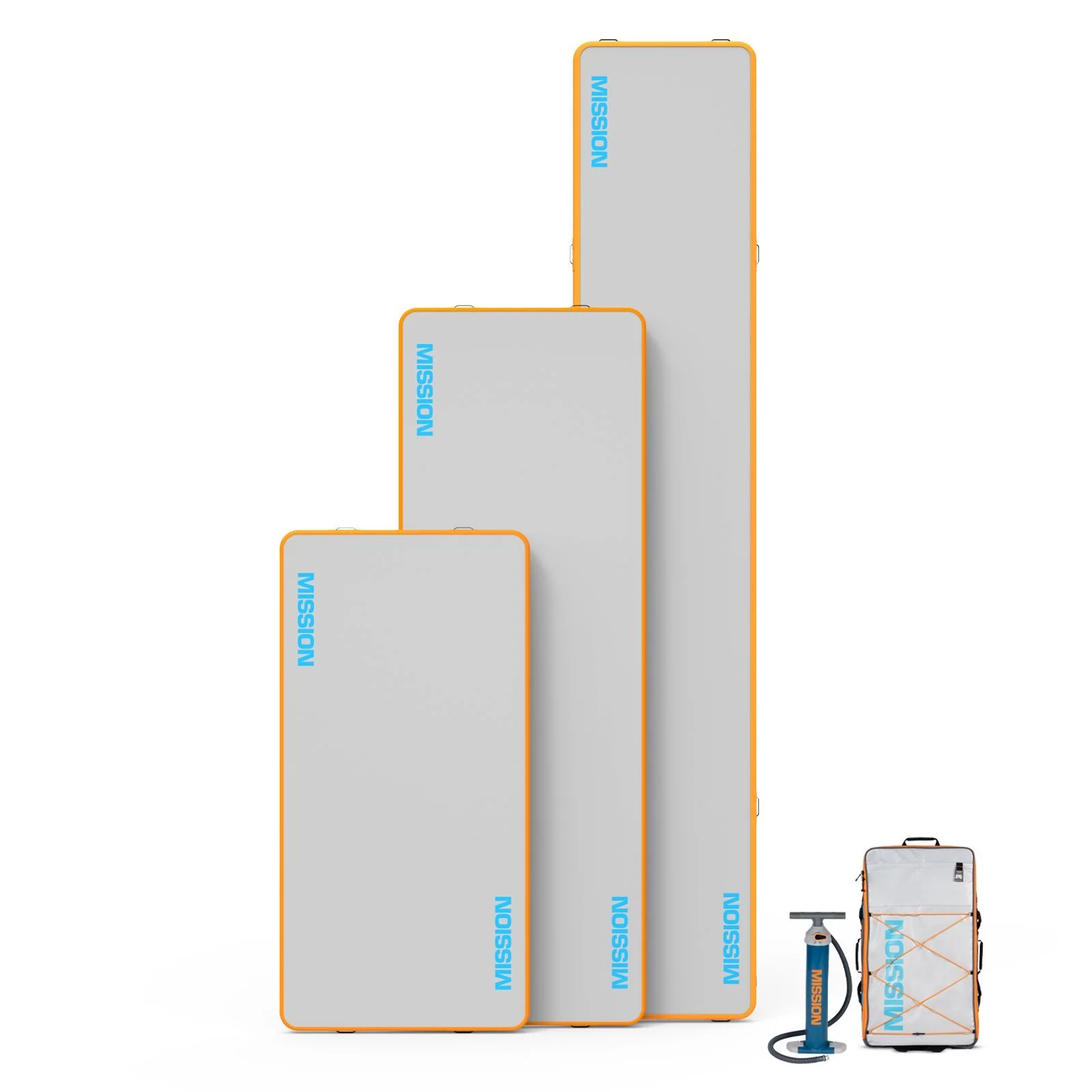 A collection of portable warmth preservation equipment and accessories, including three gray and orange hot packs or battery packs of varying sizes, a black and orange hand pump, and a gray carrying case with orange accents, all branded with the word 'MISSION' in blue text.