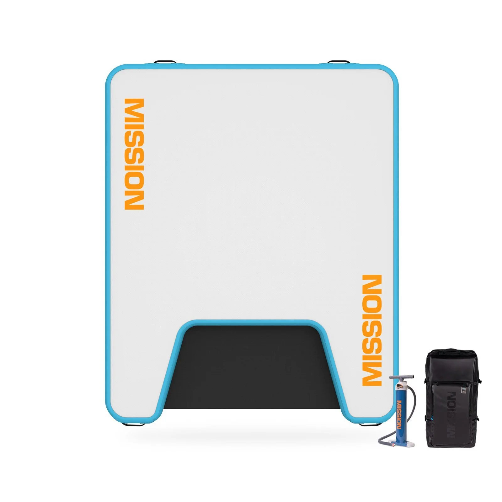 A portable misson inflatable bounce house with blue frame, white walls, and black entrance mat, accompanied by a black rolling bag and a small blue air pump.