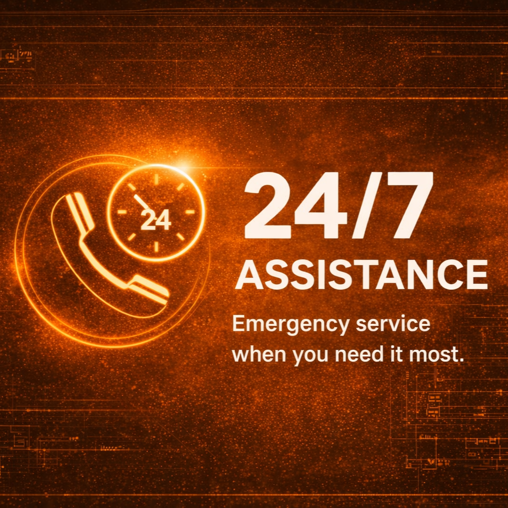 Digital graphic indicating 24/7 emergency assistance with a phone icon and a clock showing 24 hours, glowing orange with a high-tech design.