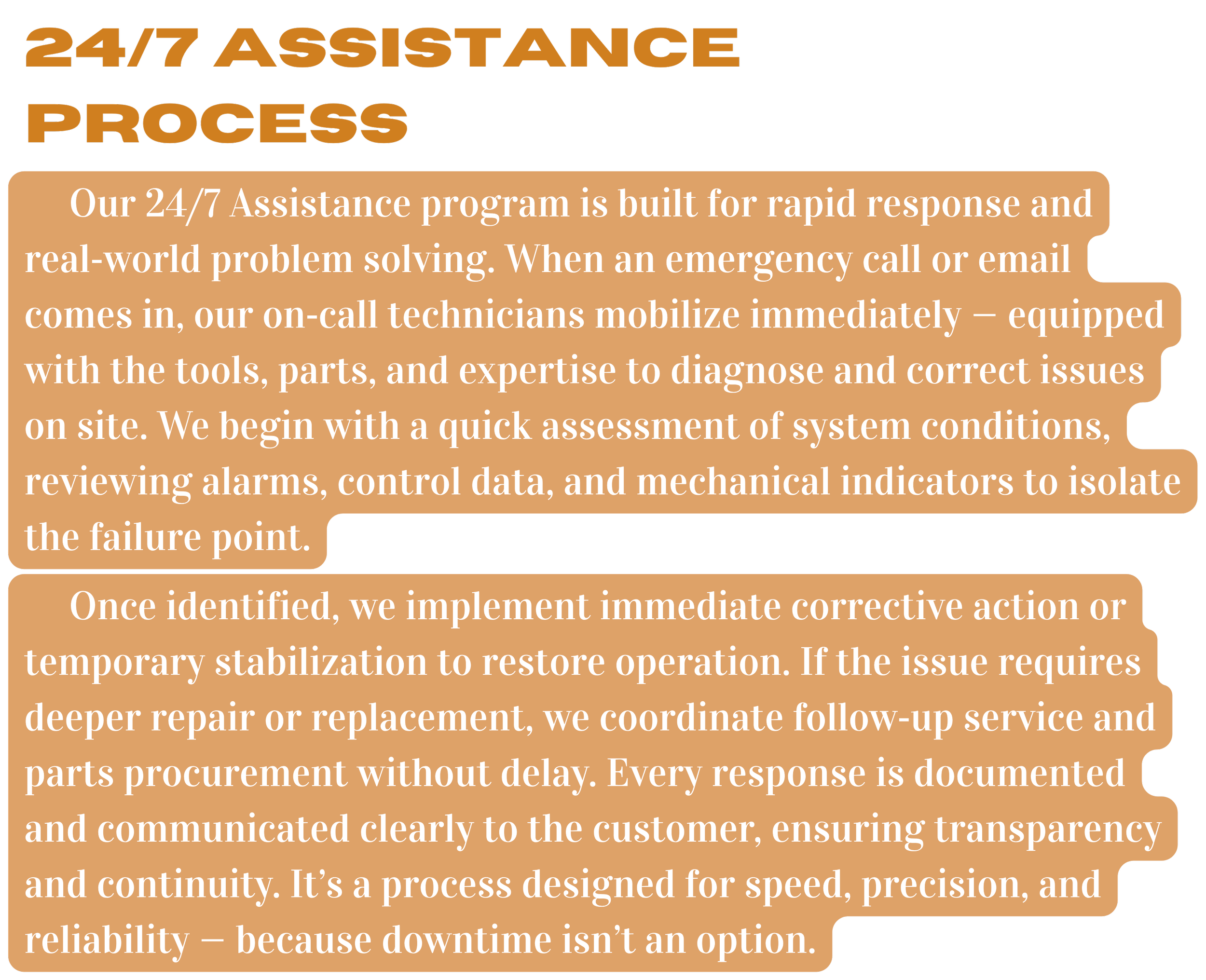 Text about 24/7 assistance process, emphasizing rapid response, troubleshooting, emergency handling, communication, and reliability.