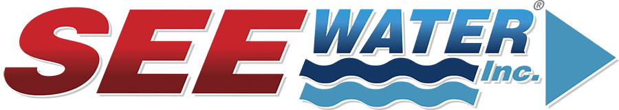 Logo of SEE Water Inc., with bold red and blue text and wave graphics.