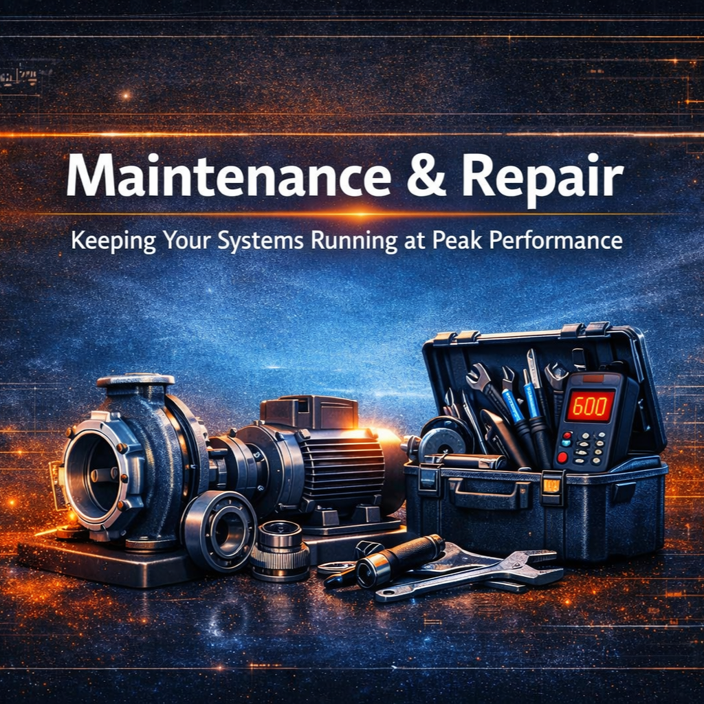 A digital illustration with mechanical parts and tools, including a pump, motor, wrenches, screwdrivers, and a tester, emphasizing maintenance and repair, set against a starry, cosmic background with orange accents.