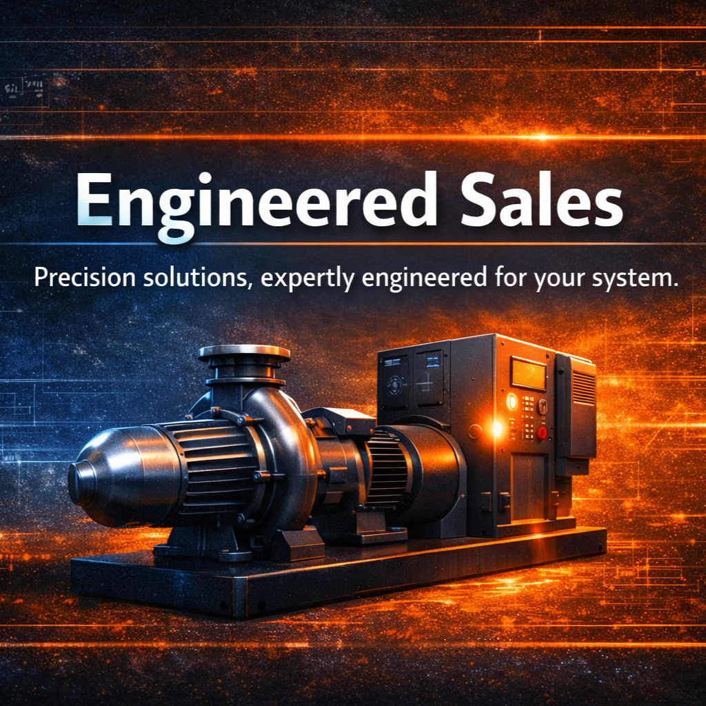 A digital illustration featuring a mechanical device with text that reads 'Engineered Sales' and 'Precision solutions, expertly engineered for your system,' set against a high-tech, glowing orange and blue background.