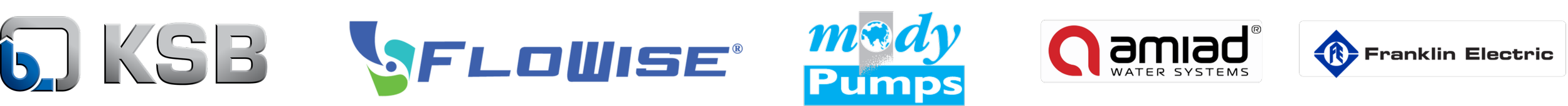 A horizontal banner displaying logos of various companies related to water systems and electric equipment, including KSB, Flowise, Mody Pumps, Amad Water Systems, and Franklin Electric.